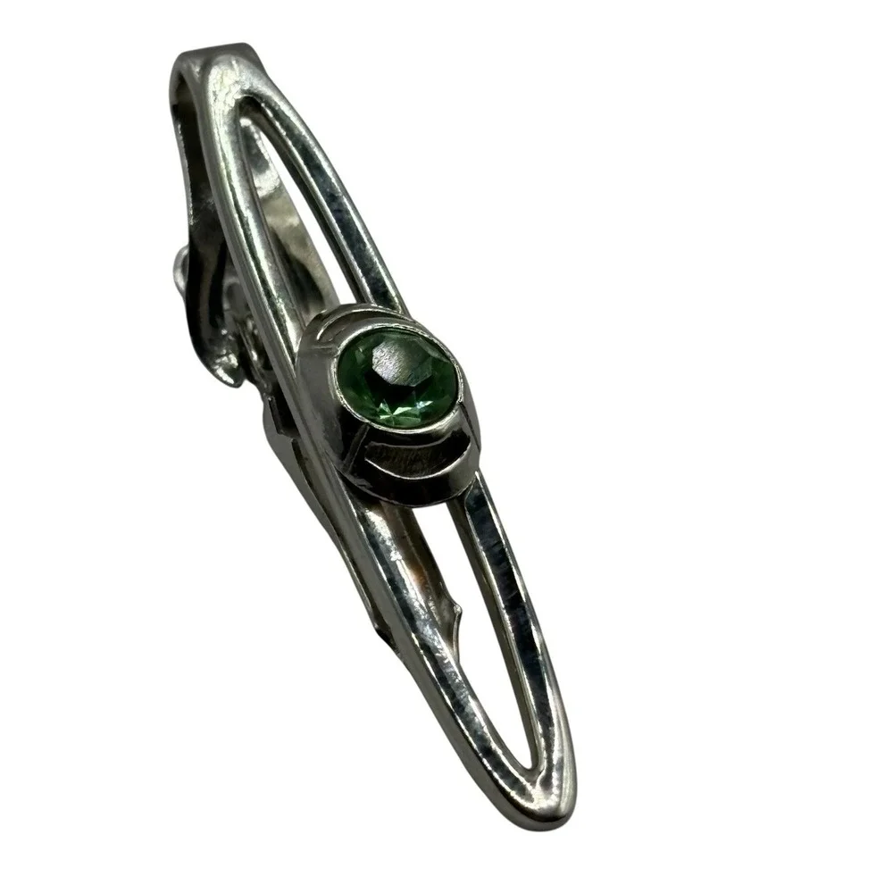 Swank Tie‎ Clip Bar Green Rhinestone Silver Tone Vintage Open Work Design Retro